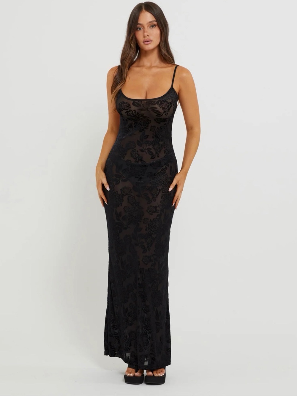 Tiger must Sheer Floral Maxi Slip Dress - Black small